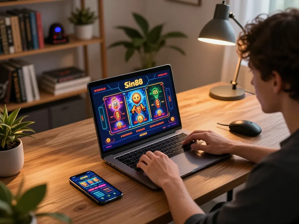 Experience thrilling Sin88 online gameplay on a laptop with a cozy home setup.
