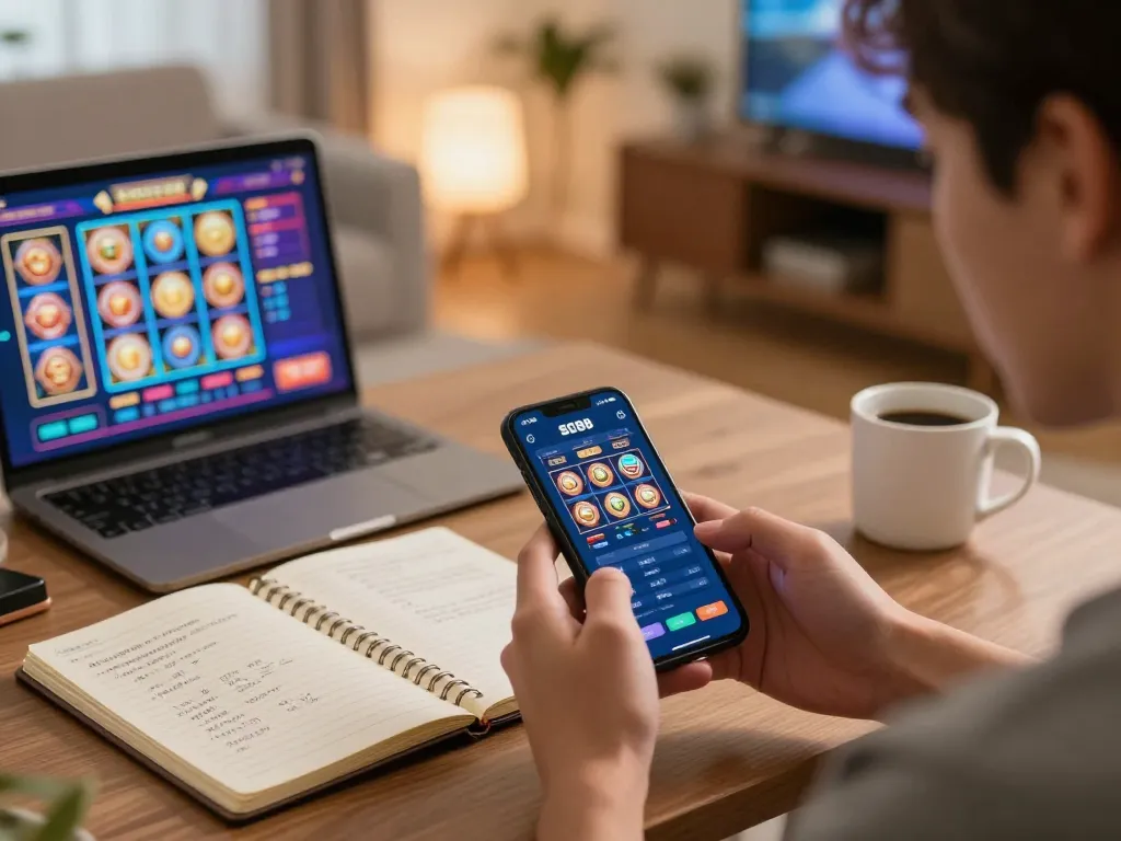 Engaging with the SC88 VIP app, a player enjoys mobile gaming in a cozy living room.