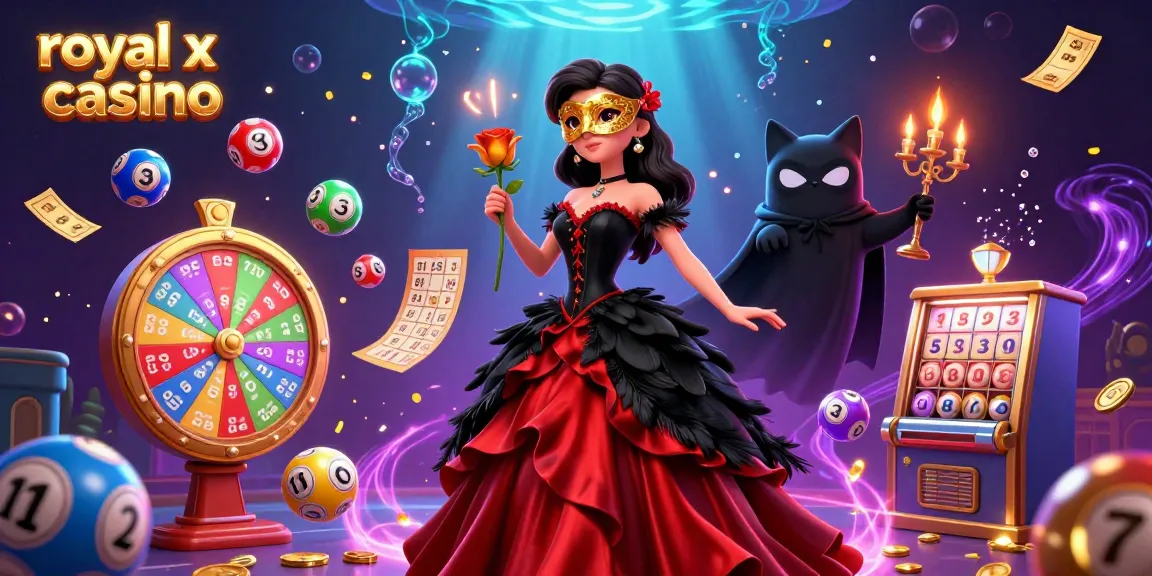Experience the excitement of royal x casino with vibrant lottery balls, a stunning gown, and a charismatic cat in this immersive scene.