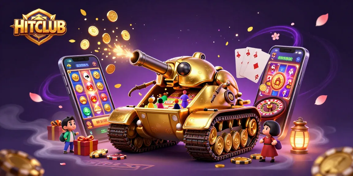 Experience thrilling gaming action at HITCLUB with an imaginative golden beetle tank casino illustration.