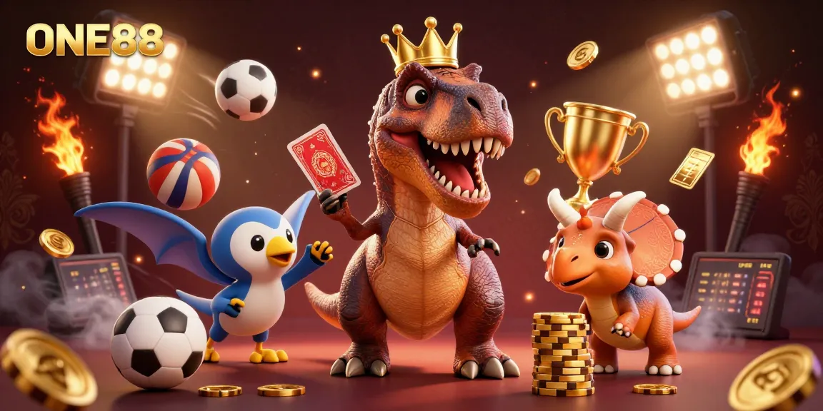 Engage in thrilling gameplay with ONE88 featuring unique 3D dinosaur casino characters.