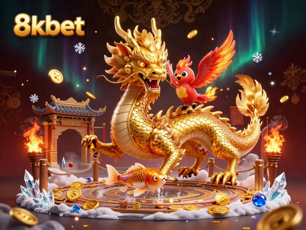 Experience thrilling moments with 8kbet's dynamic casino environment, featuring dragons and phoenixes.