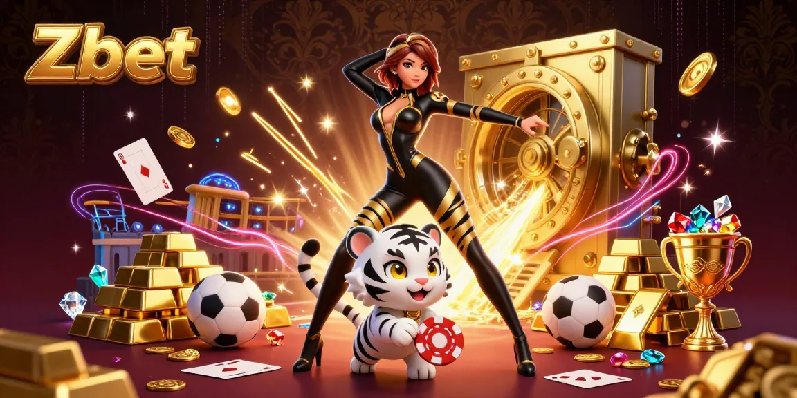 Zbet engages players with thrilling sports betting visuals and dynamic casino elements amidst opulent gold and gems.
