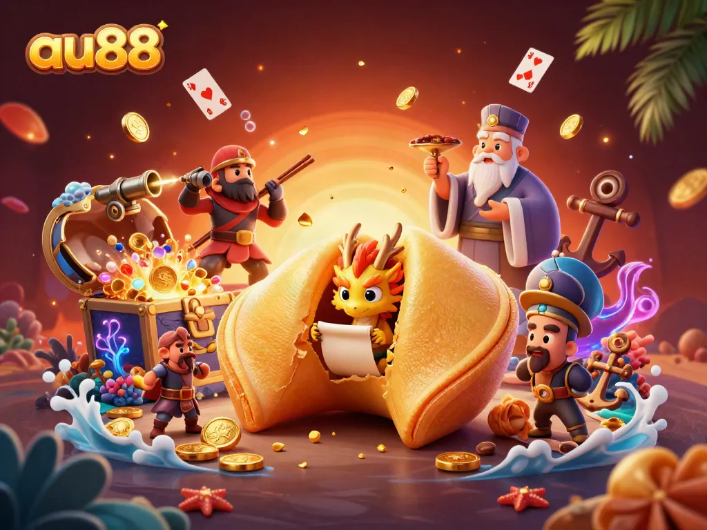 Experience the excitement of au88 with this vibrant 3D illustration of a golden fortune cookie and mythical dragon.
