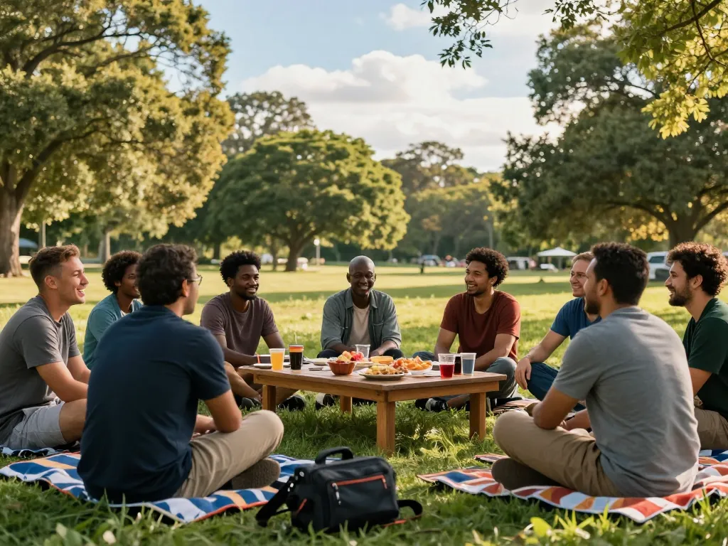 Men club gathering in a park promoting support and friendship.