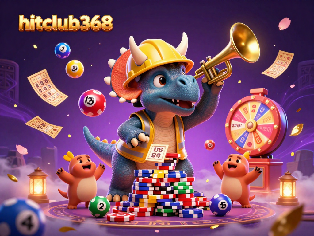 Hitclub368 showcases a vibrant 3D casino scene with a triceratops stacking poker chips amidst colorful lottery elements.