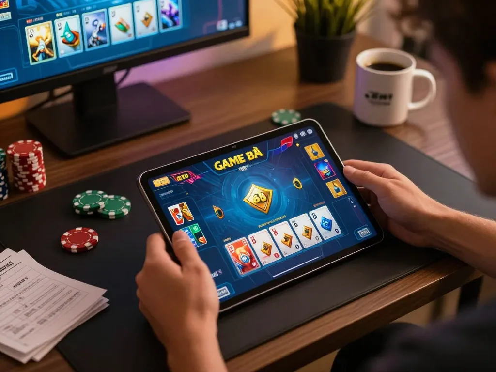 Engaging with 68 Game Bài on tablet for a strategic gaming experience with colorful graphics