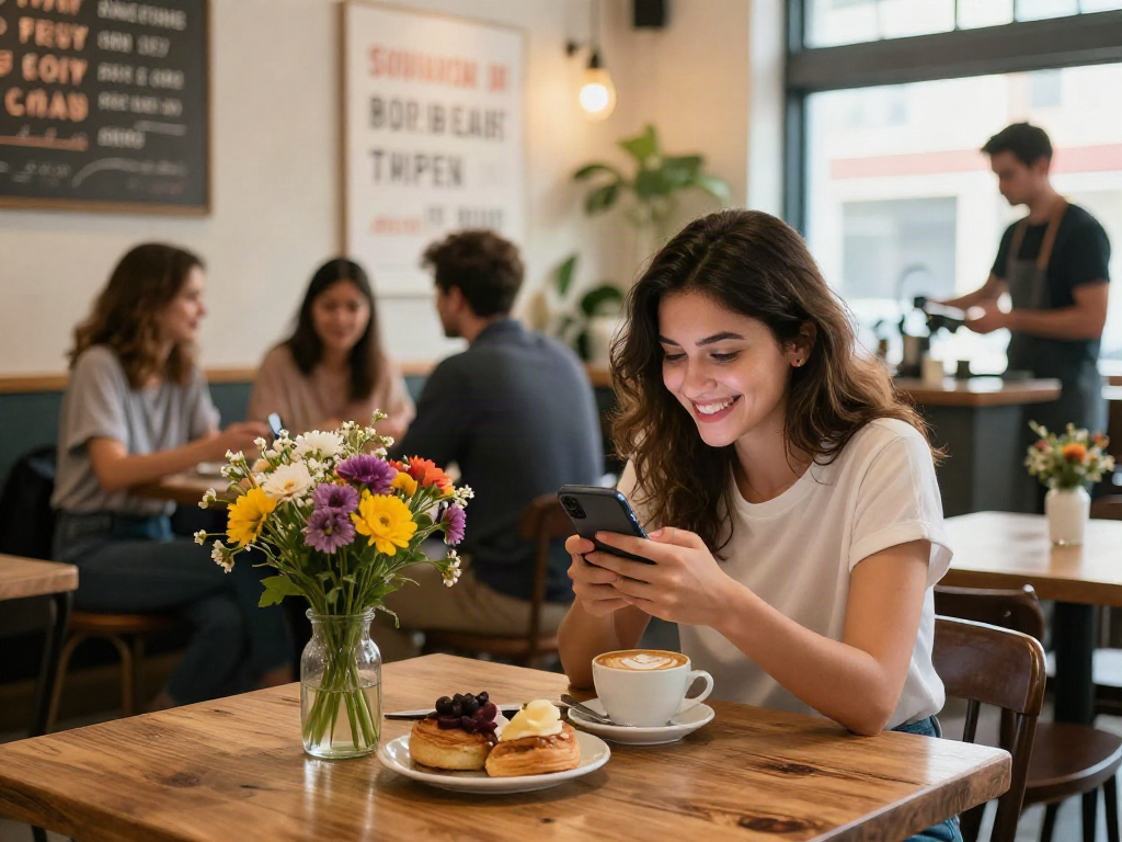 Young woman enjoying a coffee date, illustrating the thrill of a crush on someone new.
