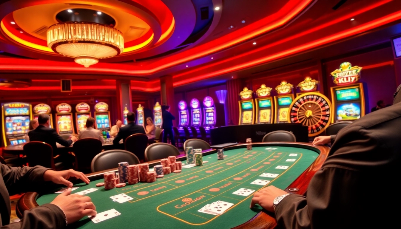 KJC casino players strategically betting at a luxurious poker table amidst vibrant slot machines.