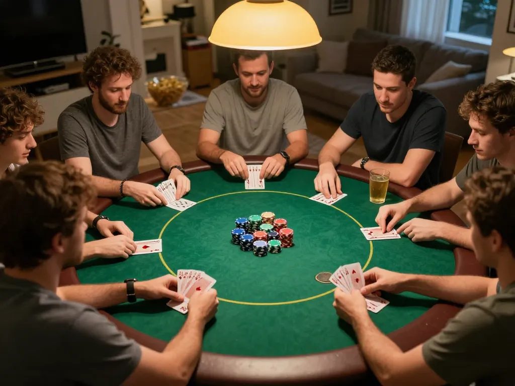 Players enjoying a lively home poker night with strategic gameplay at RR88.