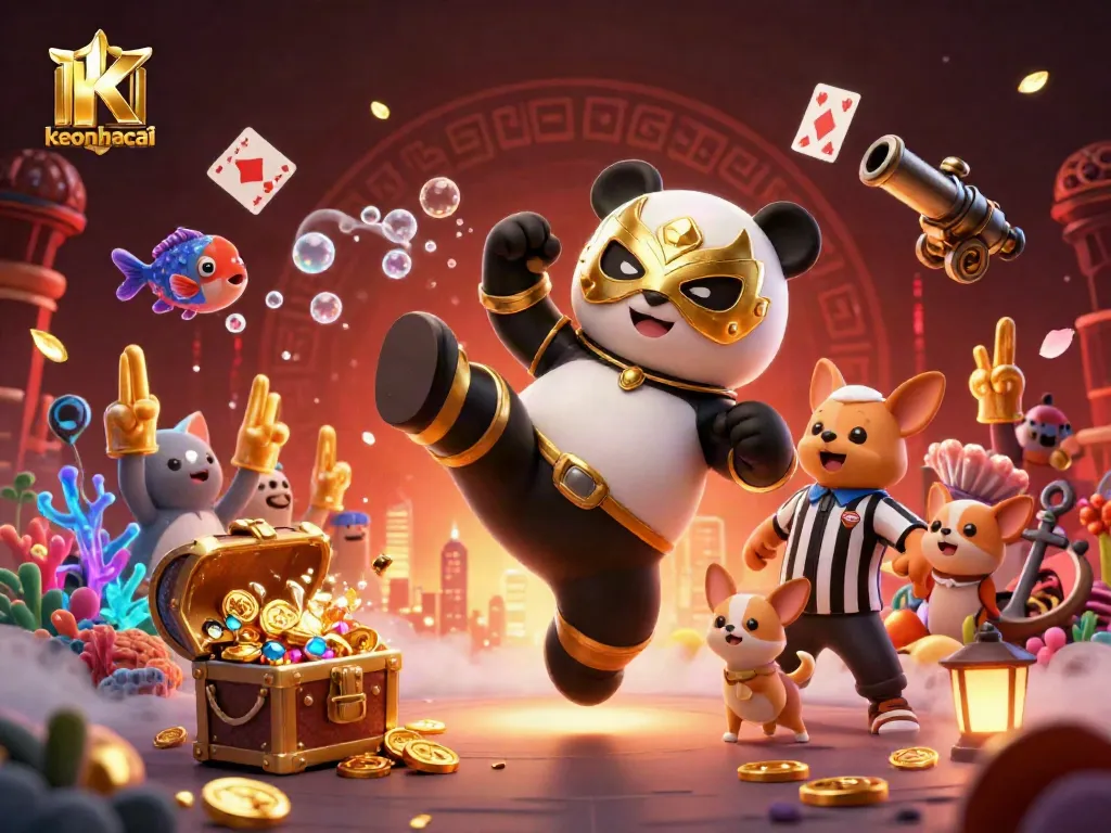 Exciting keonhacai scene with a panda wrestler, referee chihuahua, and animal spectators celebrating a casino-themed event.