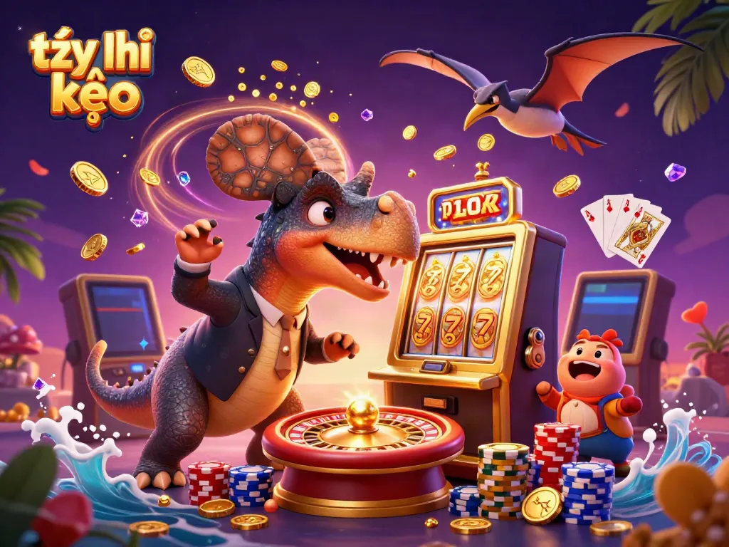Watch the tỷ lệ kèo dinosaur headbutt a golden slot machine amidst cascading coins and excitement.