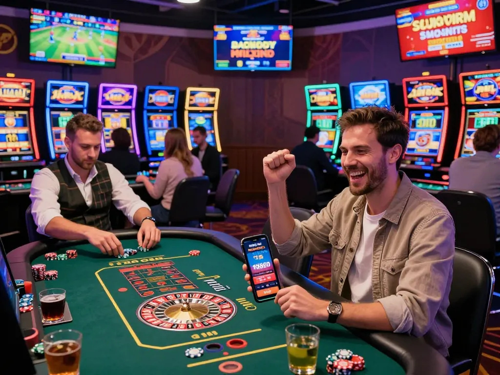 Exciting online gaming at f168.com with players celebrating wins in a vibrant casino setup.