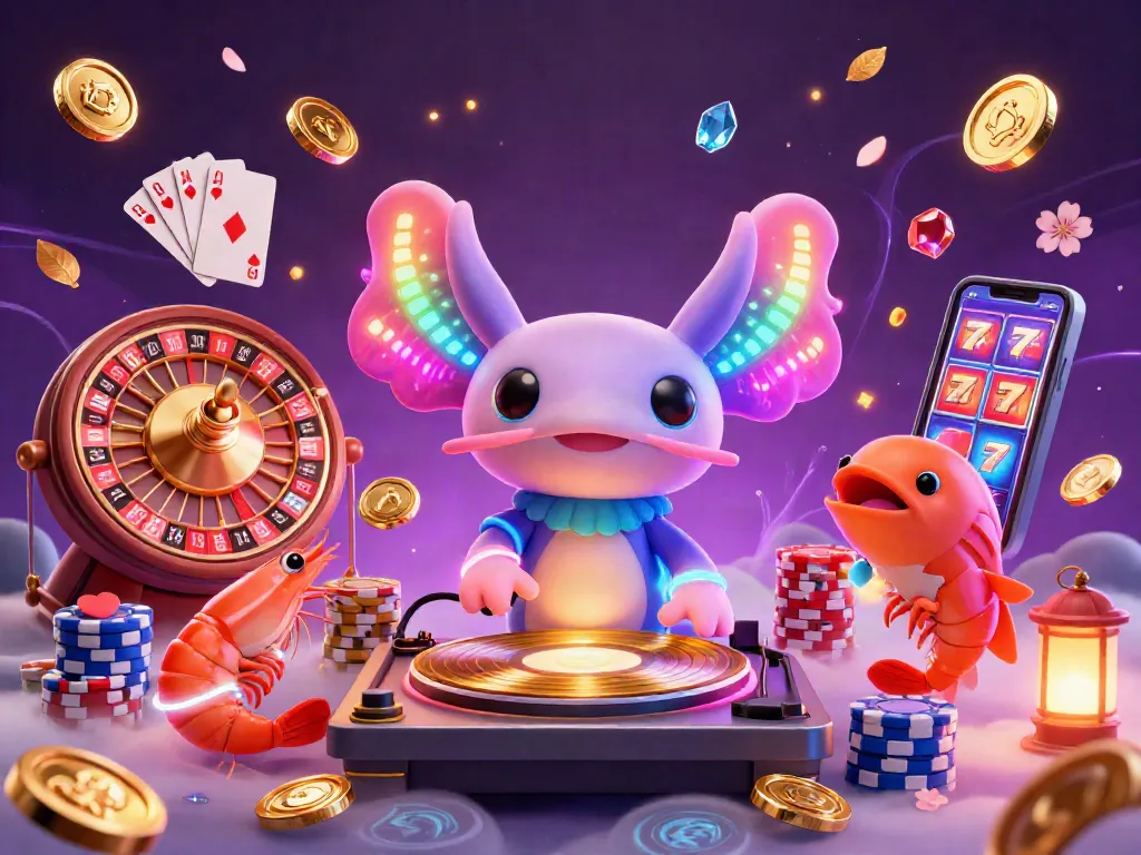 Experience LLWIN's vibrant casino atmosphere with a neon axolotl DJ, dancing shrimp, and dazzling game elements.