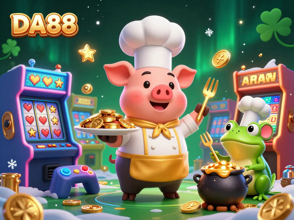 Engage with the vibrant DA88 scene featuring a chef pig serving gold coins amidst dynamic casino elements.