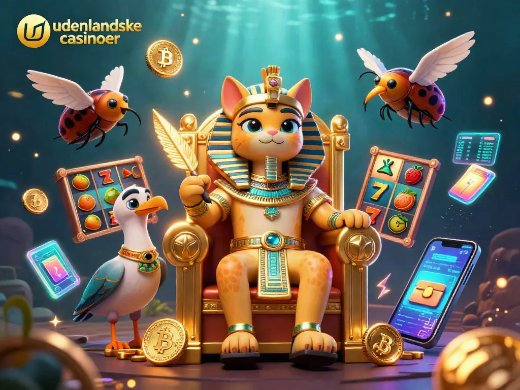 Engage with udenlandske casinoer featuring a cartoon pharaoh cat and vibrant slots in a dynamic 3D scene.