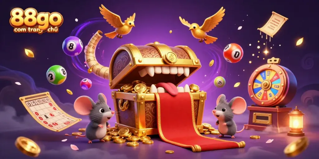 Engage with 88go com trang chủ as mice are tempted by a treasure chest amidst vibrant gaming elements.