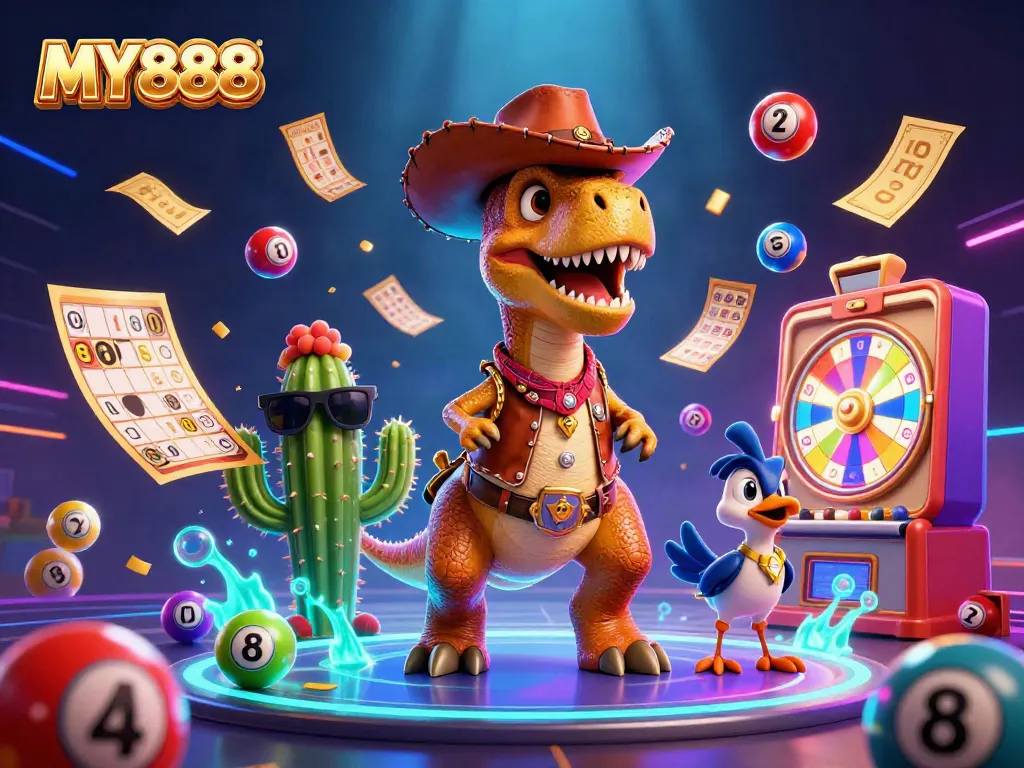 Join the fun at MY888 with vibrant lottery balls, a cowboy T-Rex, and exciting gaming elements.