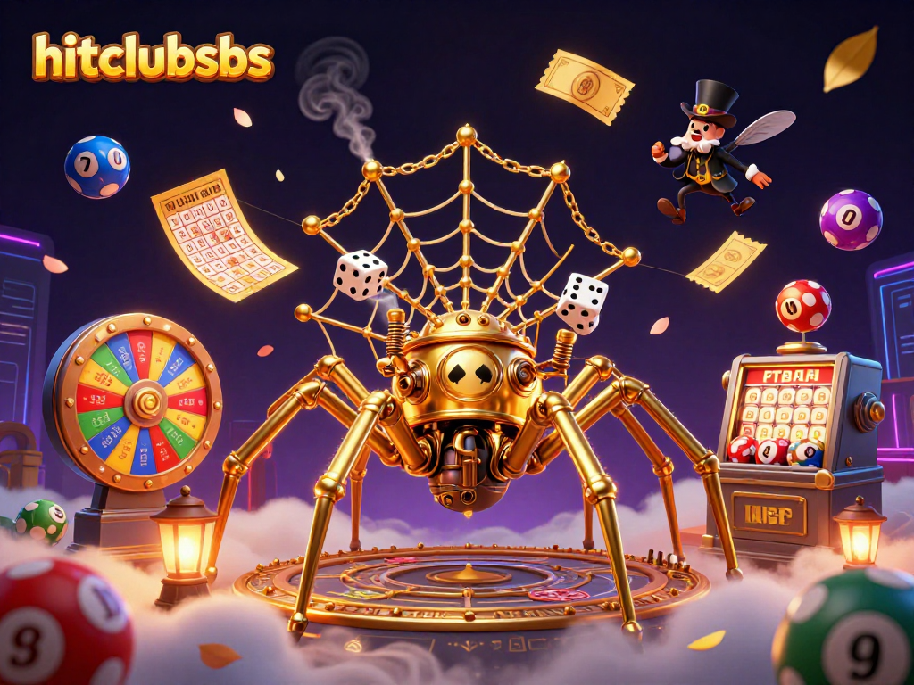 Win big with hitclubsbs as a steampunk spider spins a web of luck in this vibrant casino illustration.