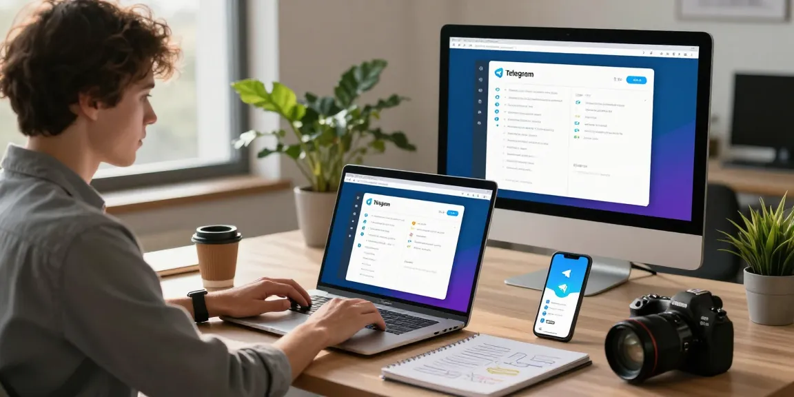 Young professional engaging with Telegram Web Version in a modern workspace, showcasing productivity and technology.