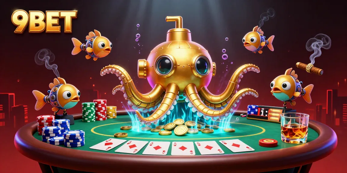 Experience thrilling gaming at 9BET with a vibrant underwater scene packed with poker and casino elements.