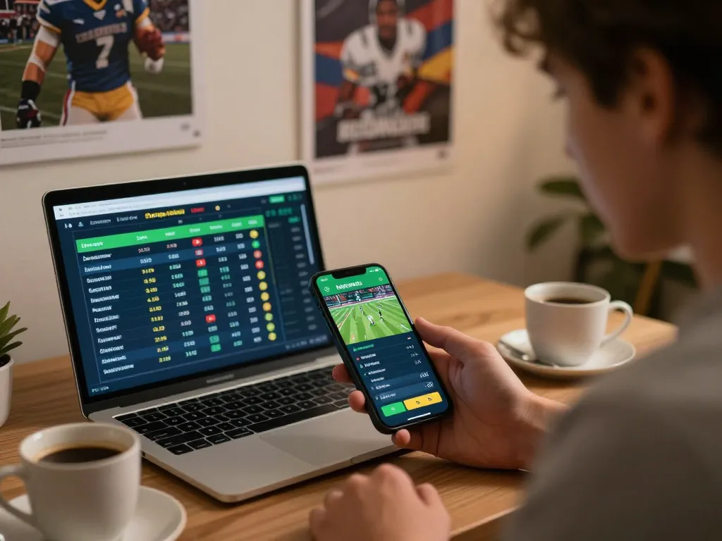 Betting on UFAKICK with smartphone in stylish home office during live sports event.