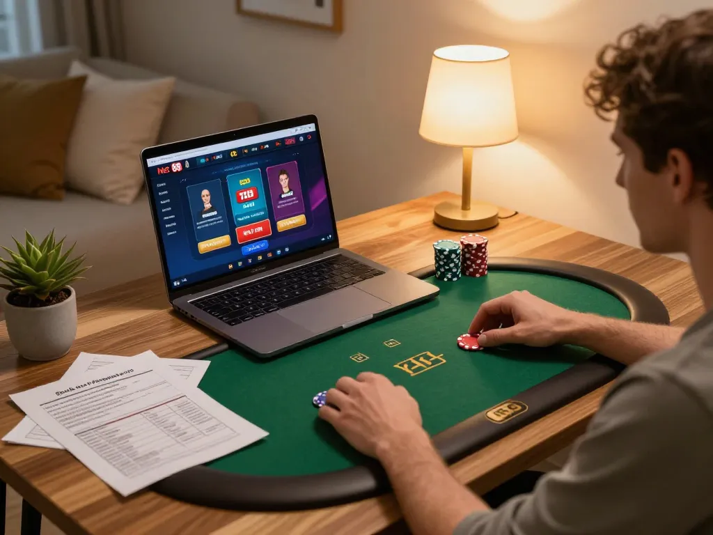 Engaging online poker gameplay on Net 88 laptop with cozy home setup