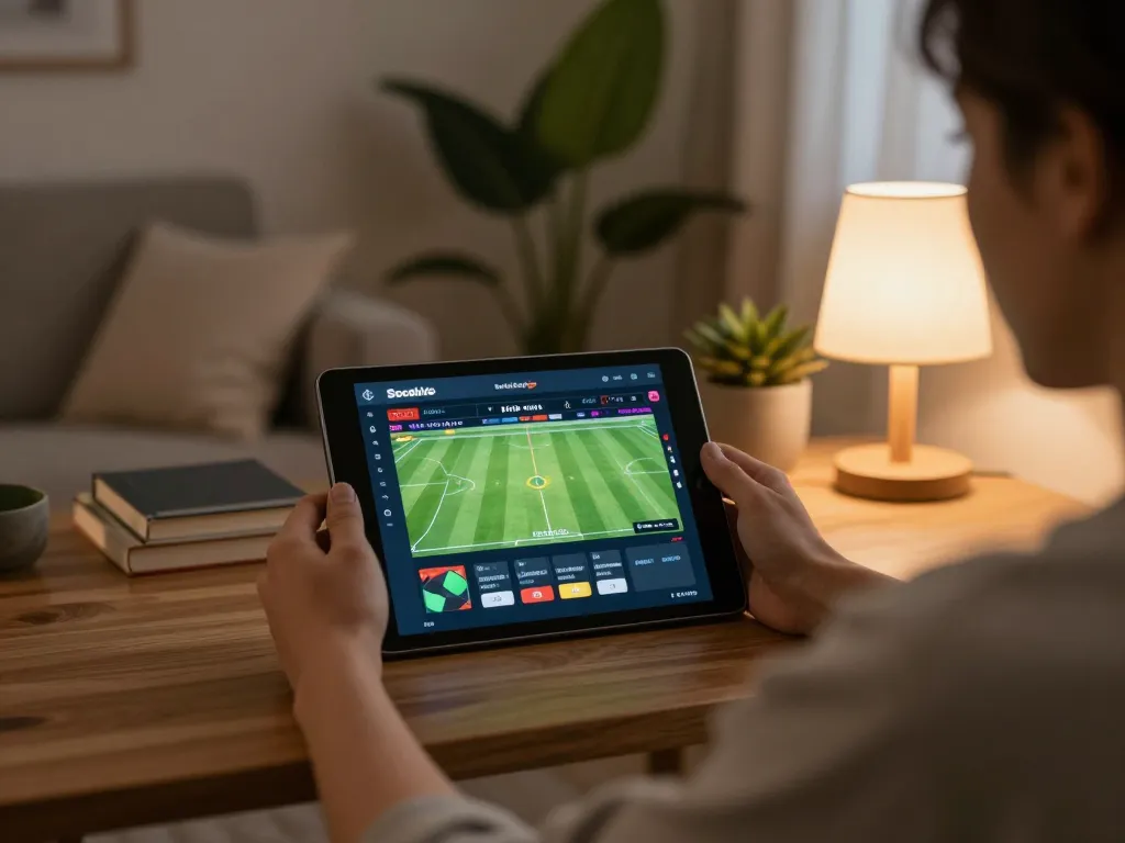 Socolive user placing bets while watching live football matches on tablet in a comfortable home setting