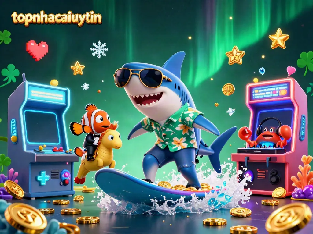 Join the pirate adventure at topnhacaiuytin with a shark surfing gold coins and colorful arcade elements.