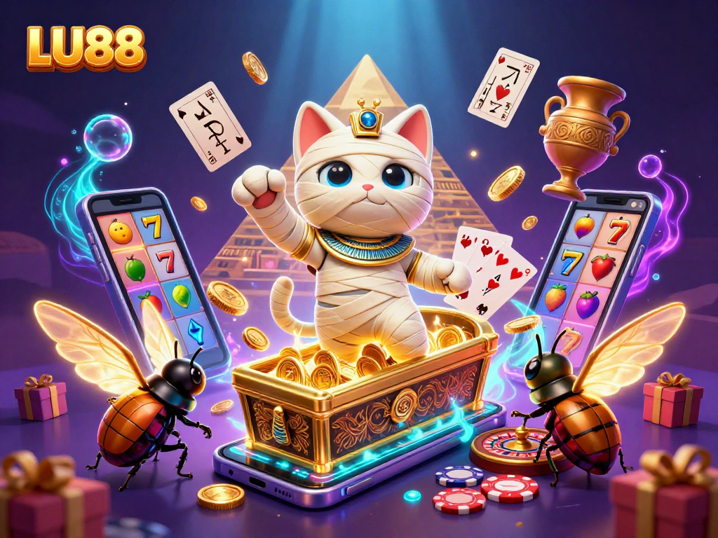 LU88 brings vibrant energy with Egyptian-themed casino characters and slot elements.
