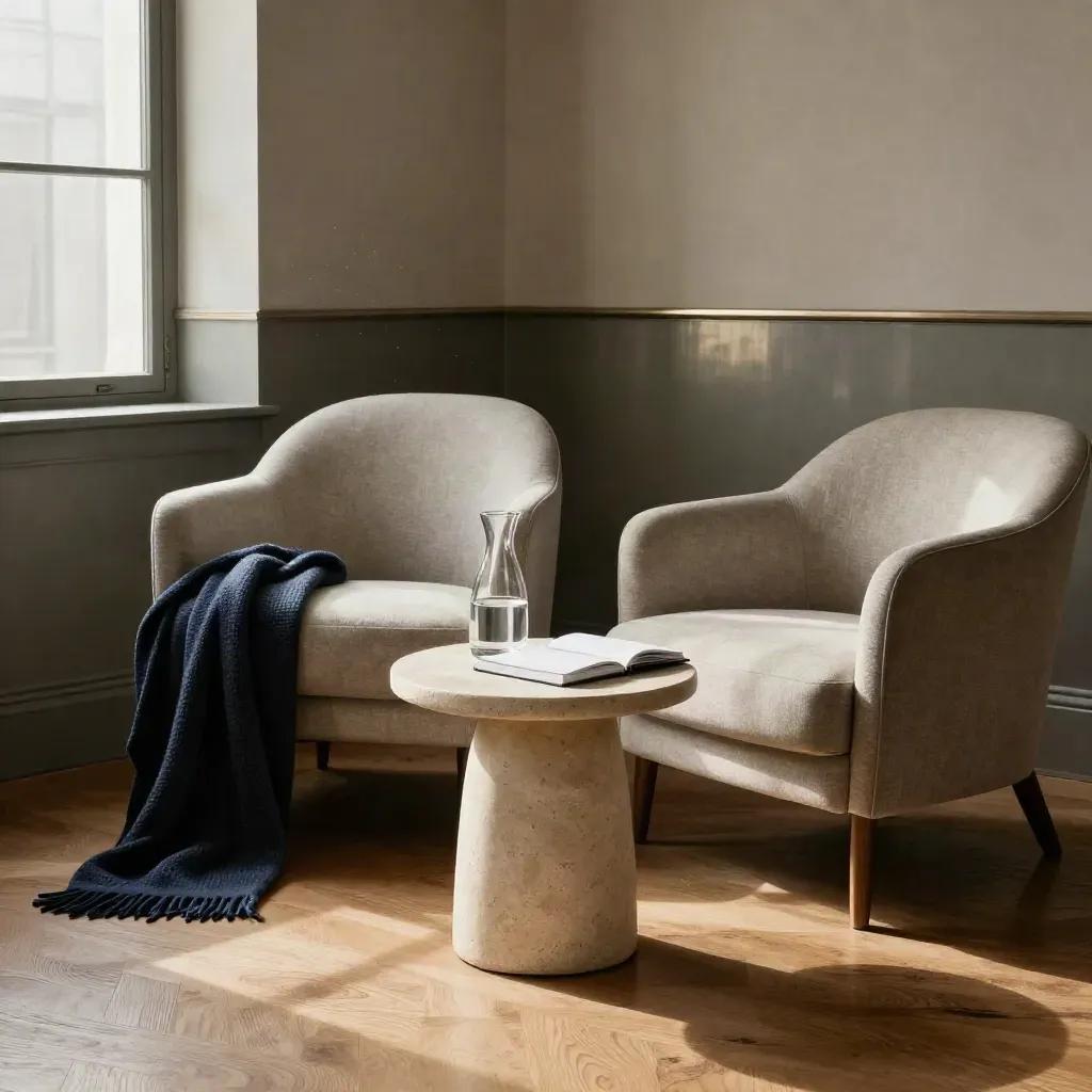 Two armchairs in a warm coaching nook with a side table, carafe, notebook, and folded scarf.