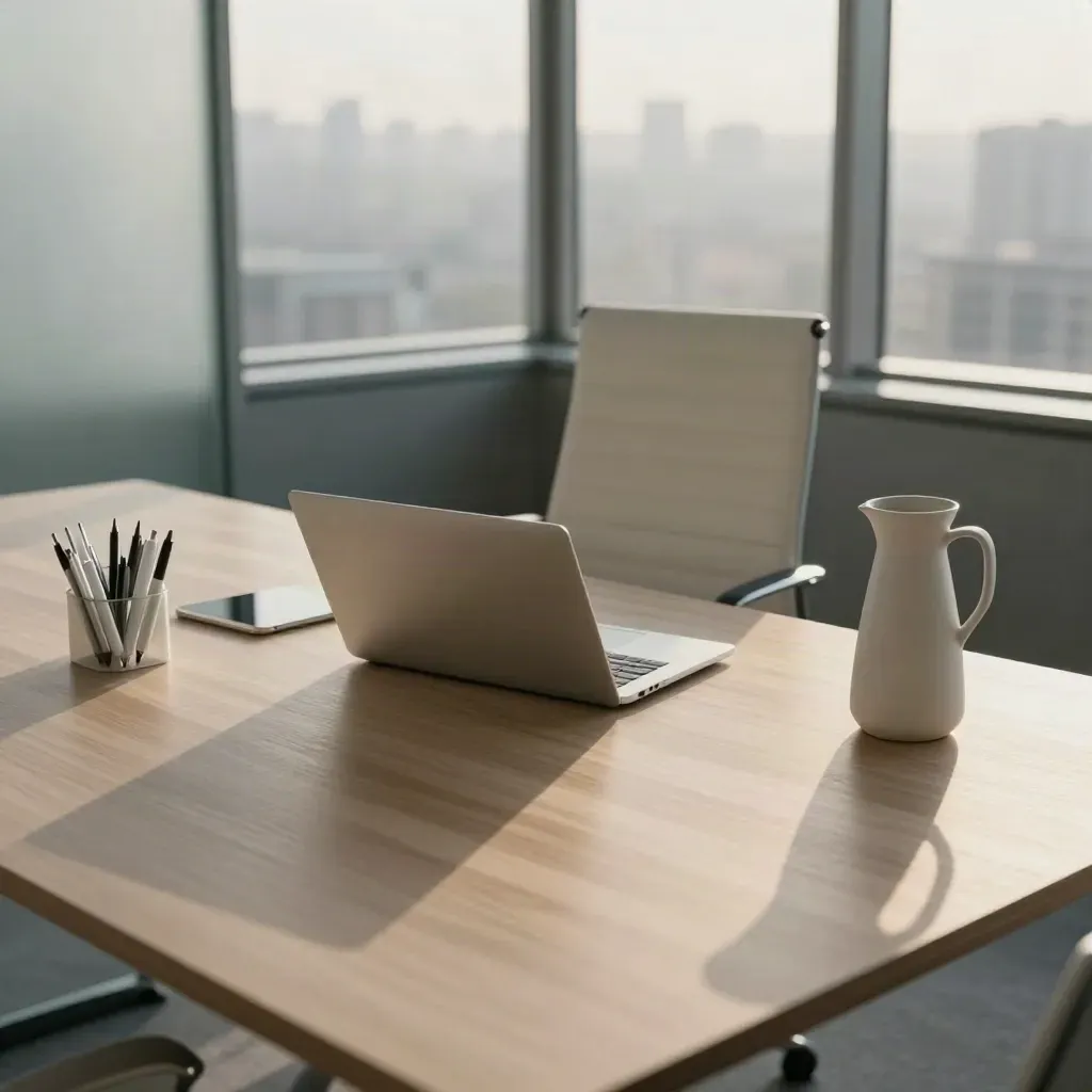Empty boardroom at sunrise with a chair, laptop, carafe, and pens