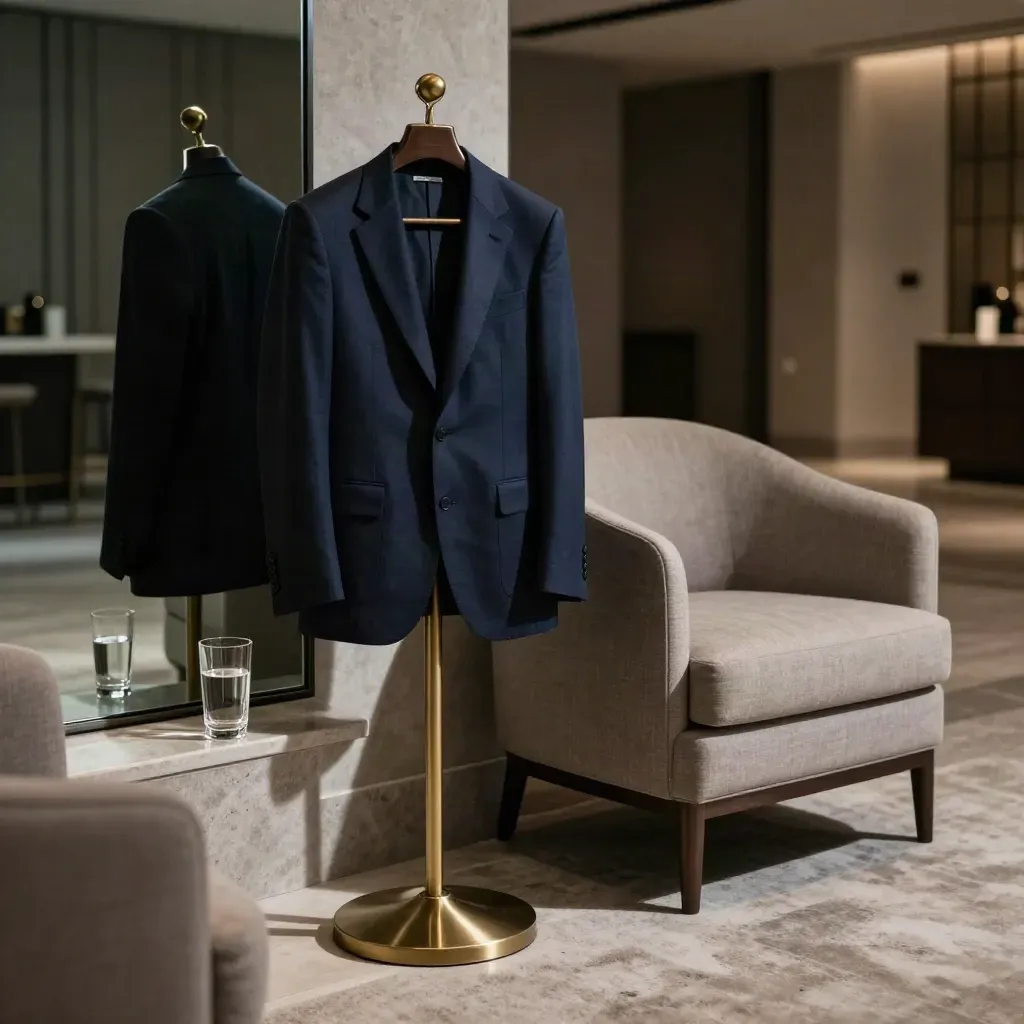 Hotel lobby chair, blazer, water glass and mirror wall in a calm interview moment