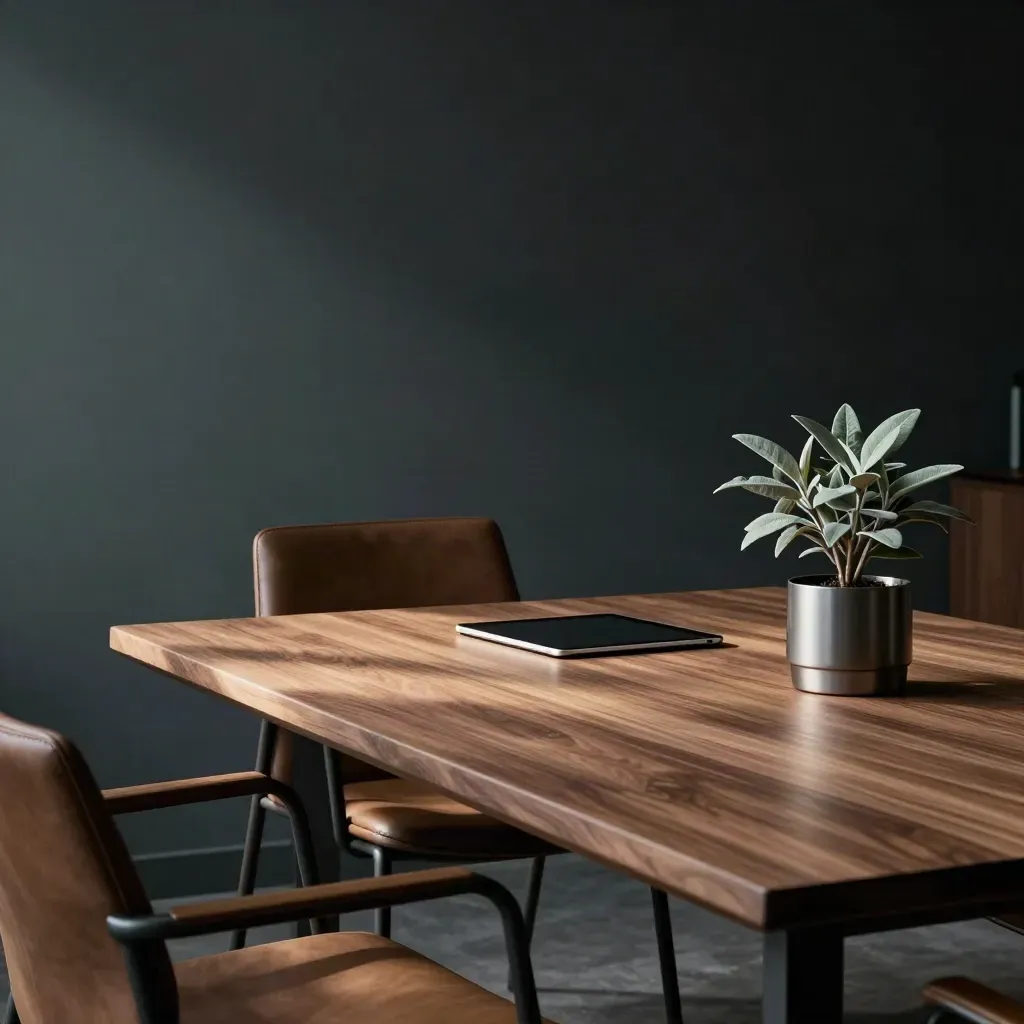 Modern office mentoring corner with open chair, long table, tablet and small plant in morning light.