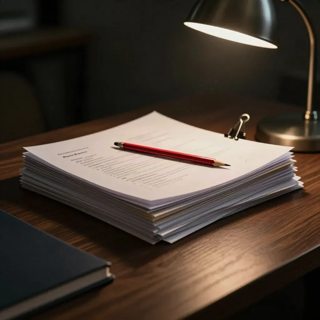 Marked CV pages stacked neatly under a warm desk lamp with a red pencil and binder clip