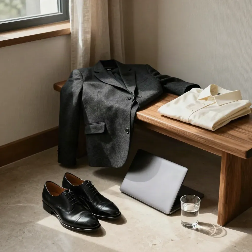 Charcoal blazer, polished shoes, water glass, and closed laptop in a quiet interview prep corner.