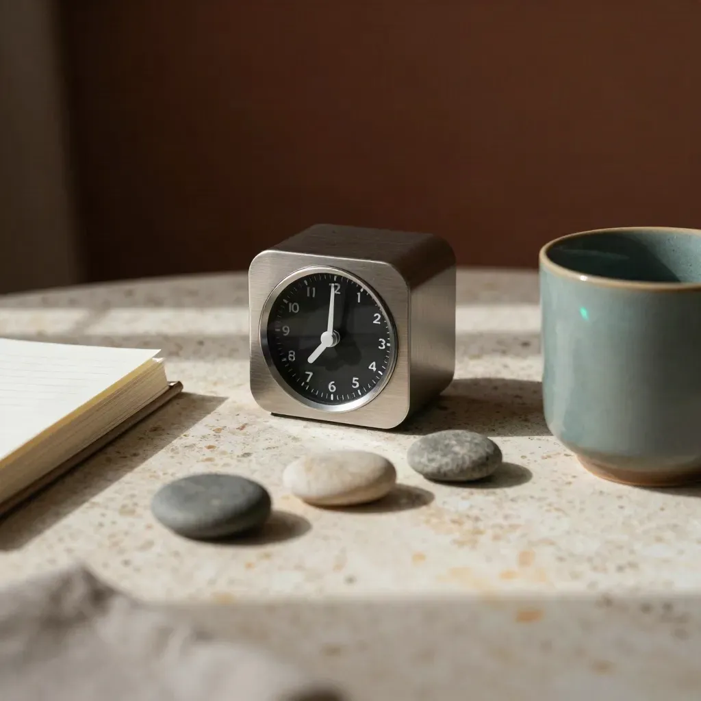 Timer, closed planner, three stones and a mug on pale stone in soft daylight.