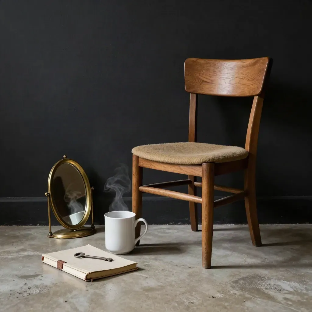 A calm coaching room with a brass mirror, steaming mug, closed notebook, and chair before a dark wall.