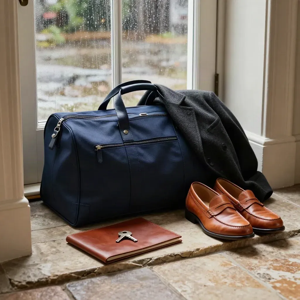 Rain-lit career change kit by a door: carryall, coat, loafers, folio, and key.