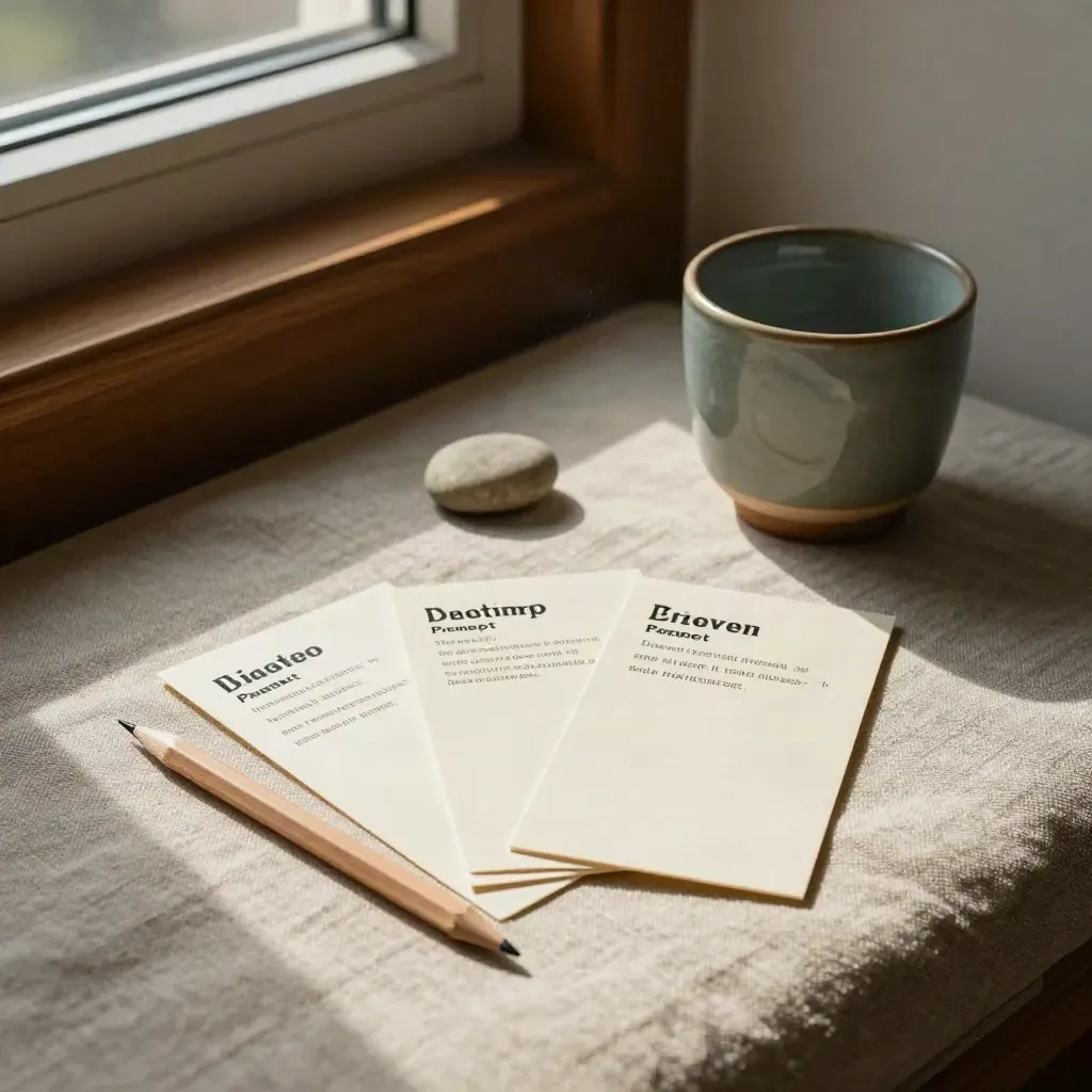 Face-down coaching cards, pencil, stone and teal cup on linen in warm window light