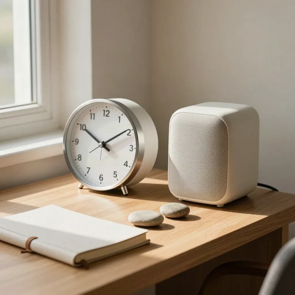 Clock, speaker, notebook, and three aligned stones on a sunlit oak console by a window.
