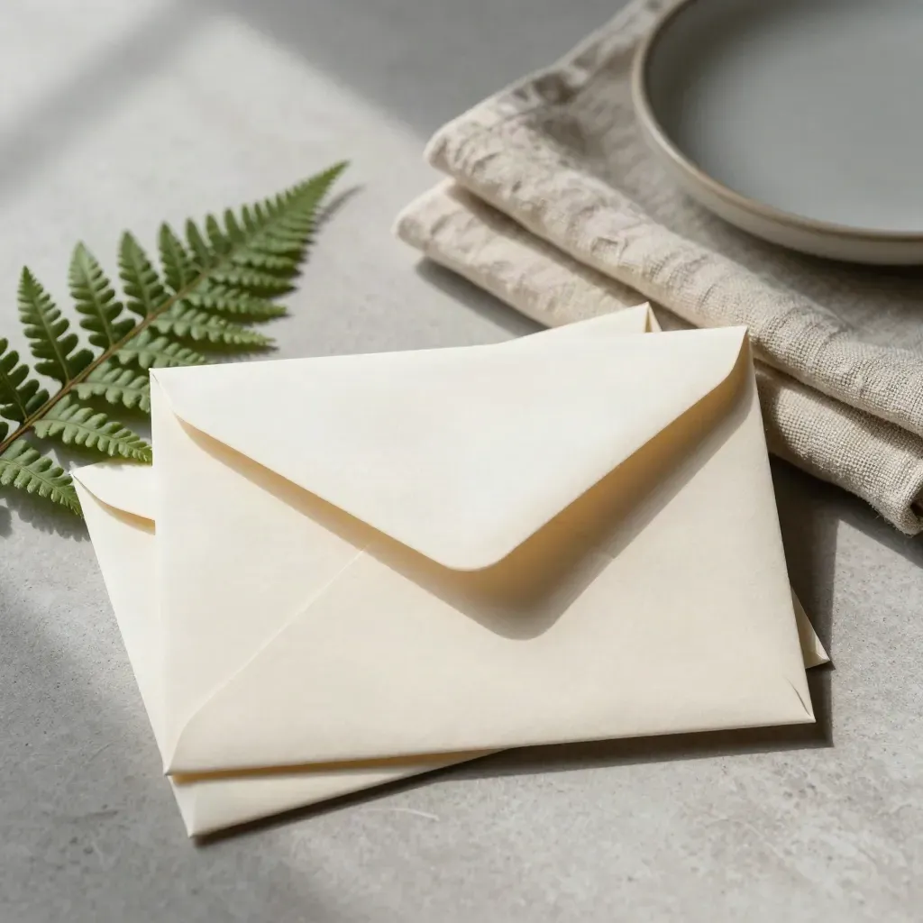 Cream envelope, paper stack, fern sprig, linen cloth and ceramic dish on stone in soft daylight.
