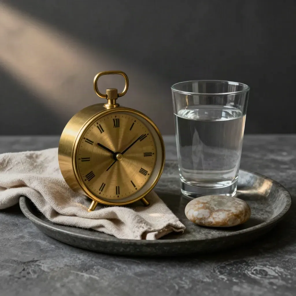 Brass timer, water glass, linen cloth and pebble on a stone tray in soft warm light.