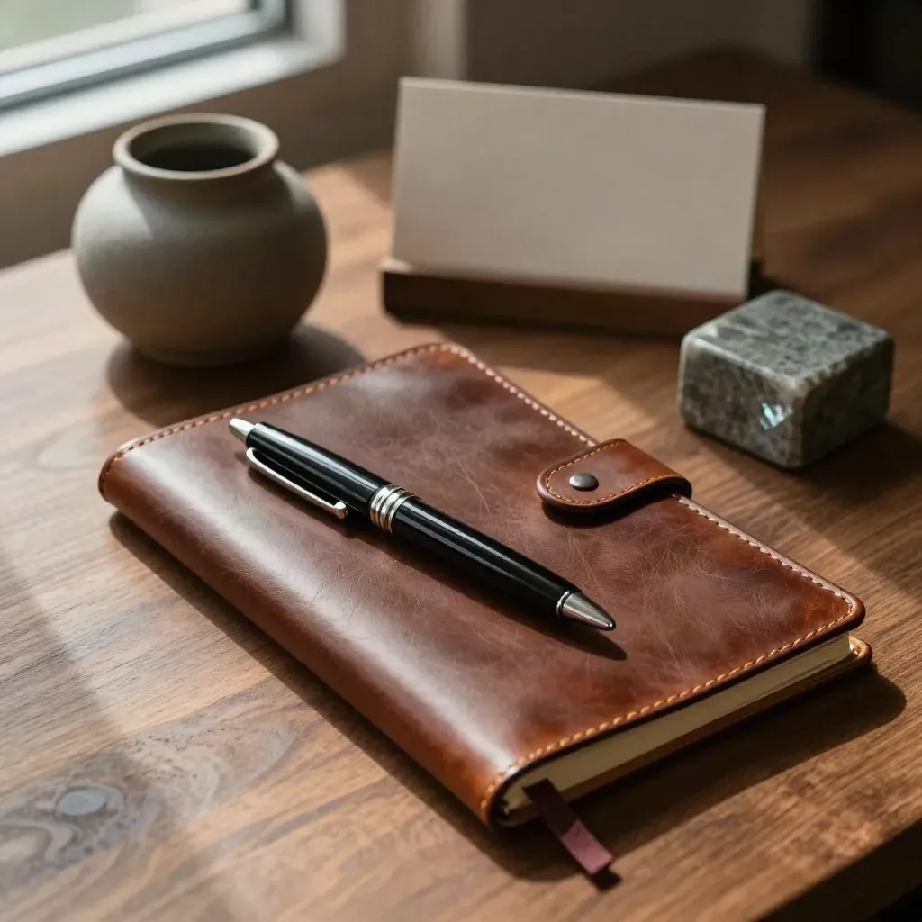 Leather notebook, clipped pen, ceramic pot, and paperweight on walnut desk for a new manager