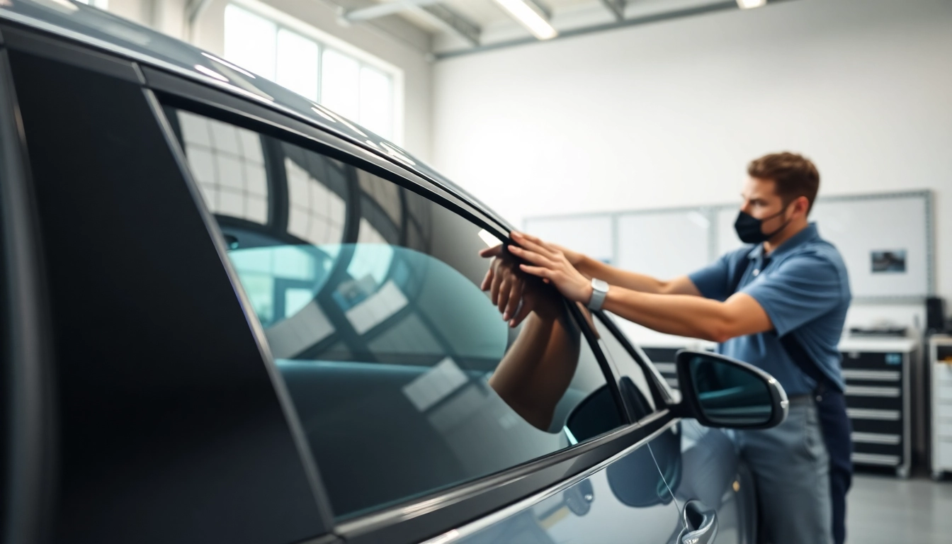 Apply auto window tint near me in a professional workshop setting, showcasing detailed film application.