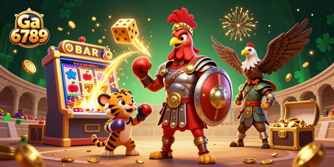 Experience the thrilling action at Ga 6789 with a dynamic rooster gladiator and casino elements.