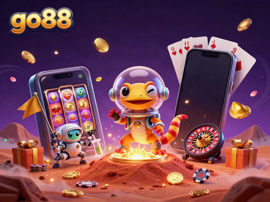 Join the go88 adventure as a Martian gecko discovers a golden casino in a cosmic scene