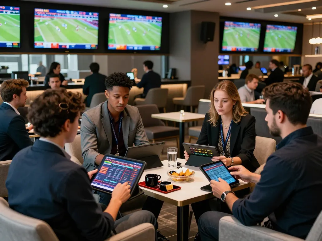 People analyzing sports bets in a vibrant sportsbook lounge, highlighting nhà cái uy tín services.