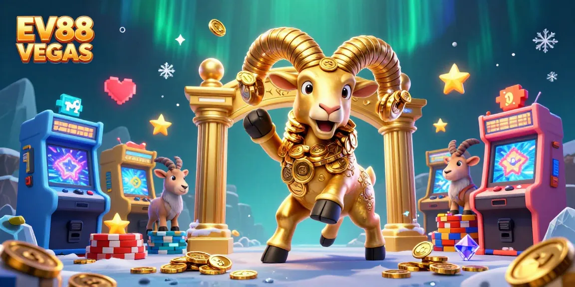Experience the excitement of EV88 VEGAS with a golden ram charging through a vibrant casino scene.