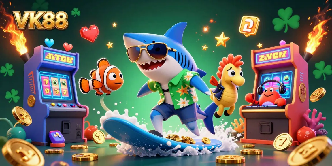 Experience thrilling gaming with VK88 featuring vibrant 3D characters on a wave of coins.
